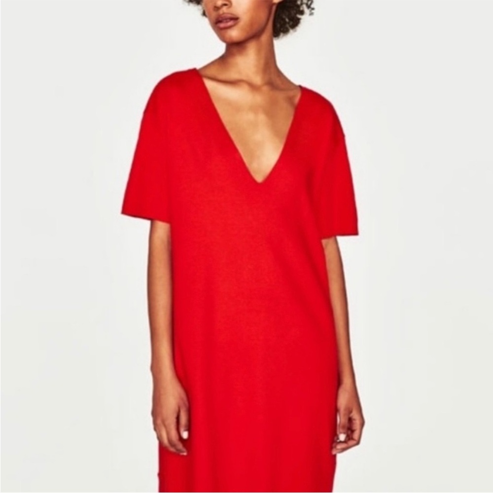 ZARA TRF RED V-NECK SHORT SLEEVE STRETCHABLE A-LINE OVERSIZED T-SHIRT DRESS SZ M
